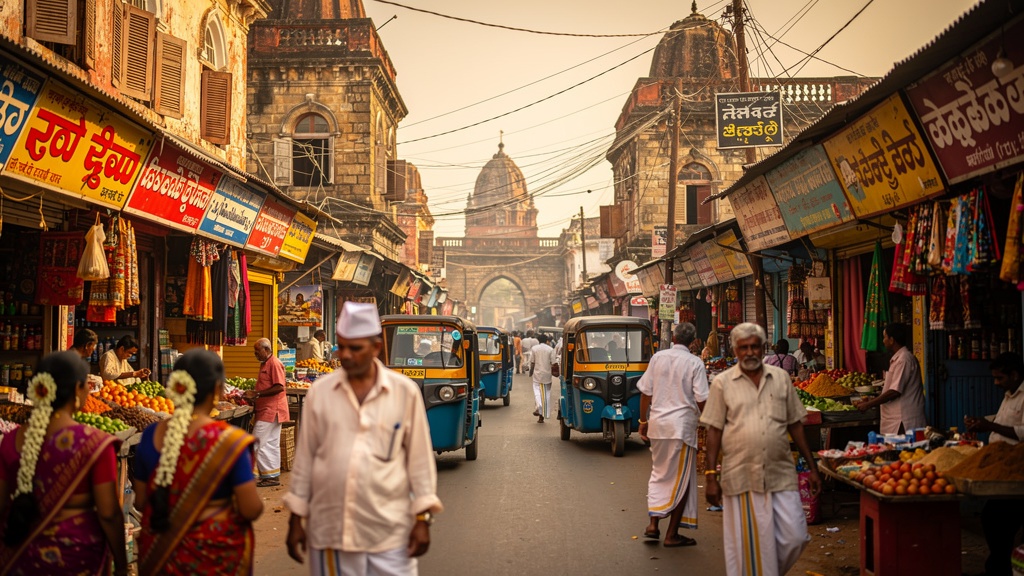 Bustling local market street in Gadag town