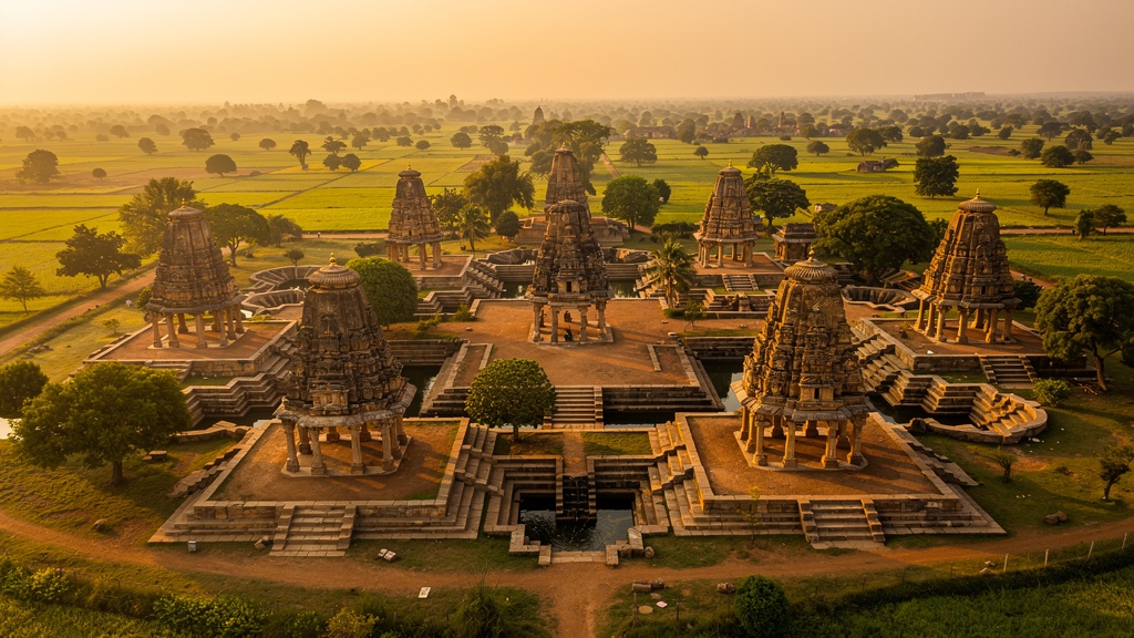 Aerial view of Lakkundi heritage village with scattered ancient temples