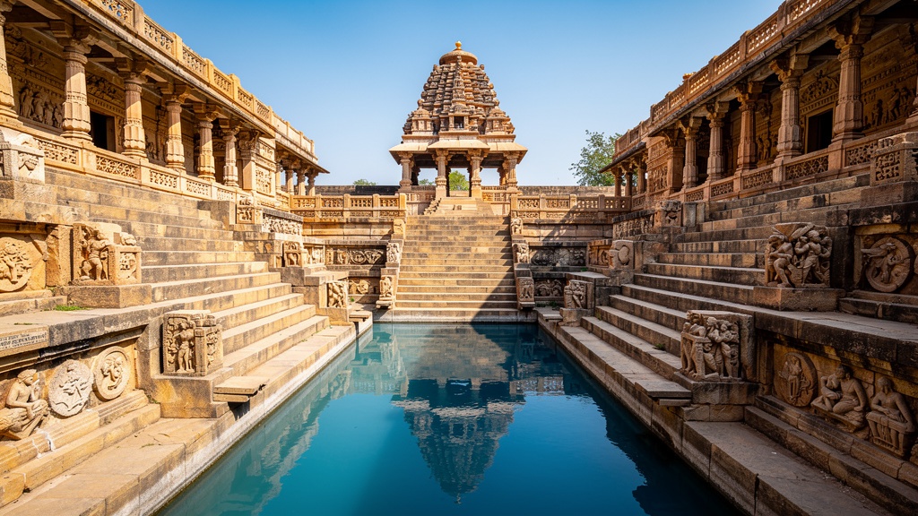 Ancient stepwell (Kalyani) in Lakkundi with temple reflection